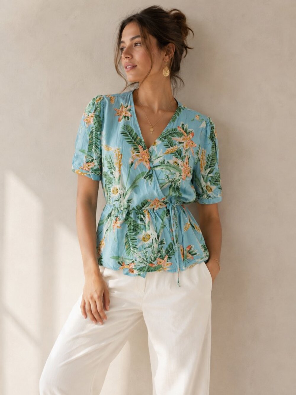 Lucky Brand Tropical Floral Wrap Peplum Blouse Blue Size L